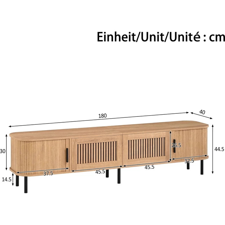 TV-Lowboard 180 x 40 x 44,5 cm aus MDF und PB mit Schiebetüren, Schubladen und LED-Beleuchtung – Bild 5