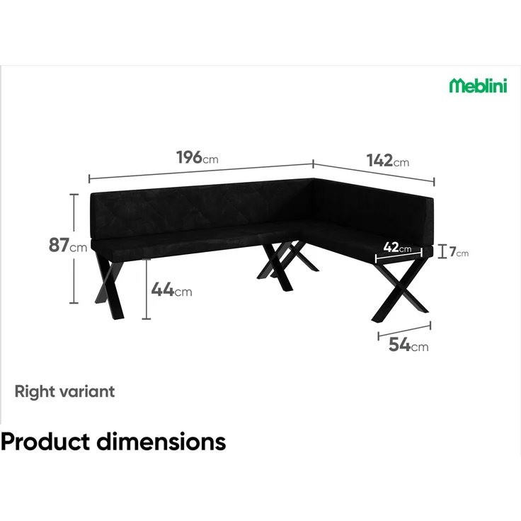 MEBLINI Eckbank für Esszimmer - Küchenbank - Essecke - Sitzecke Küche - ERIC - X-Beine 142x196x87cm Rechts - Graphit Samt – Bild 7