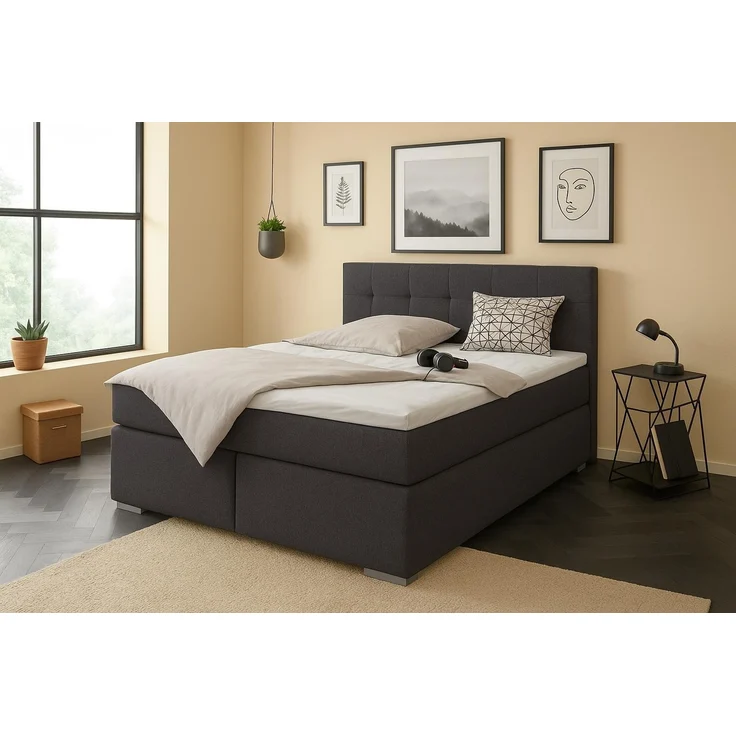 Boxspringbett TOM 160x200 cm mit Matratze und gepolstertem Kopfteil. Farbe Grau – Bild 1