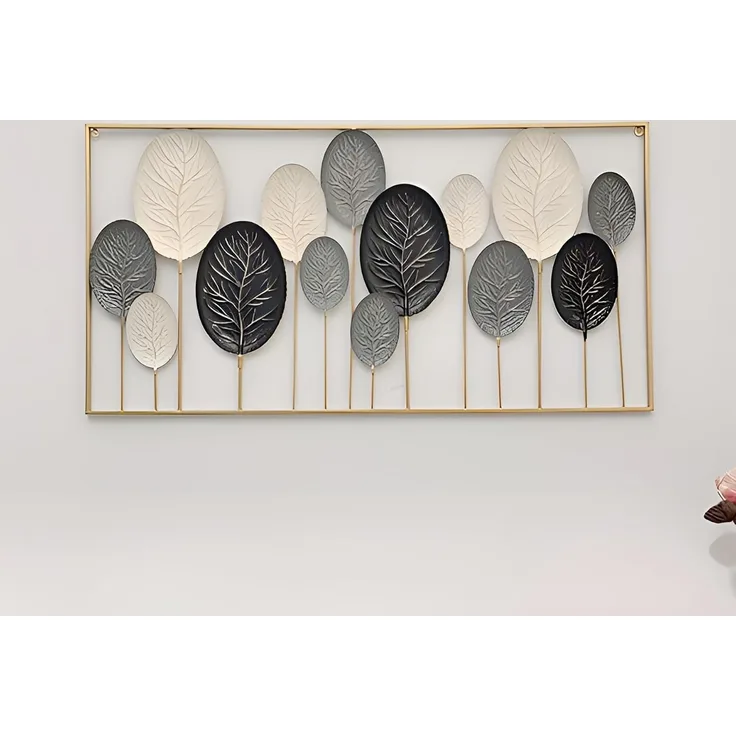 3D Wandbild "Blätter" aus Metall in schwarz / weiß, 136x70 cm, Wanddeko, Wandschmuck
