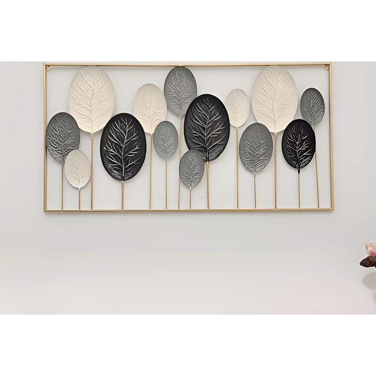 3D Wandbild "Blätter" aus Metall in schwarz / weiß, 136x70 cm, Wanddeko, Wandschmuck