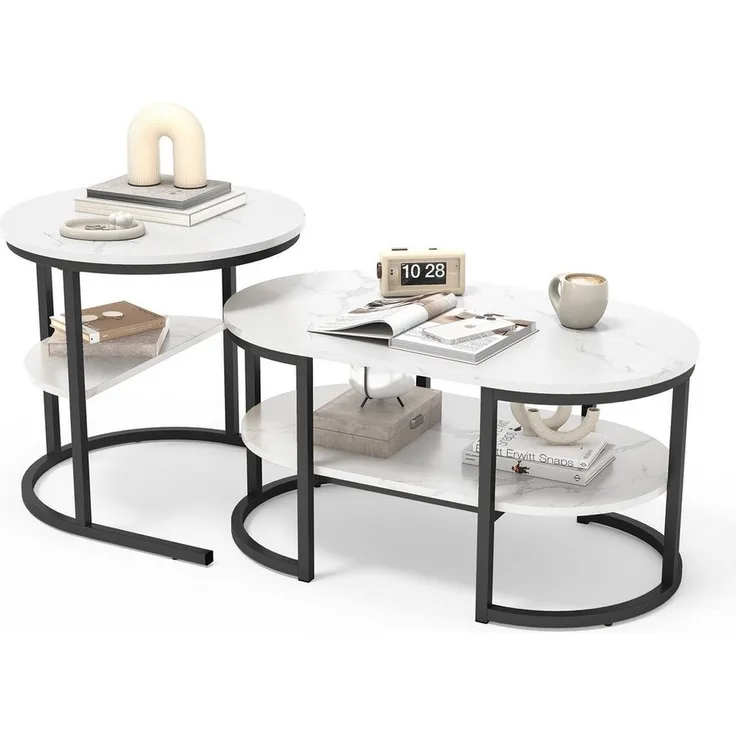 FUROKOY Couchtisch Beistelltisch Sofatisch wohnzimmertisch kaffeetisch 2er set (Runder Tisch Oval), Modern design Couchtisch mit Schwarz beinen,Marmoroptik, Eiche