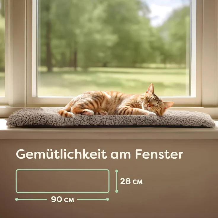 Katzen Fensterliege Fensterbank rutschfest - Selbstwärmende Katzenmatte für Fenster 90x28 cm - Weich & Kuschelig - Waschbarer Bezug (Grau) – Bild 2