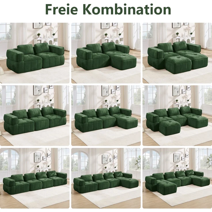 EINHOM 3-Sitzer U-förmiges Modulsofa mit 2 Hockern, ohne Gestell, 32D-Hochdichteschaum, tiefe Sitzfläche, hautfreundlicher, weicher Stoff, ideal für Wohnzimmer, keine Montage erforderlich, Grün – Bild 7