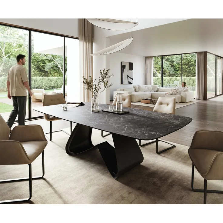Esstisch Edge Boot 260x120 cm Keramik Laminam® Nero Greco Anthrazit W-Gestell Metall Schwarz