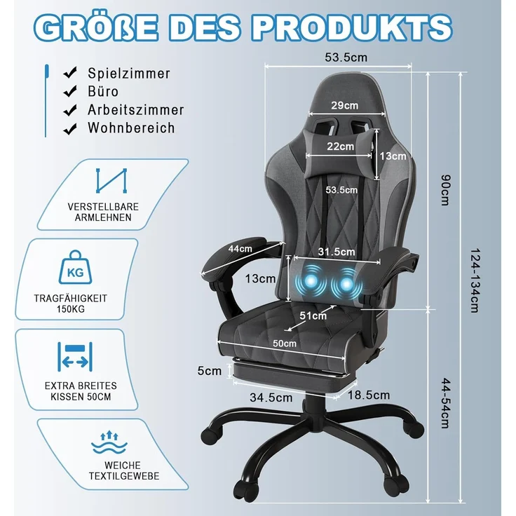 JUMMICO Gaming Stuhl Stoff mit Federpolsterung, Ergonomischer Bürostuhl mit Massager. Gaming Chair mit Kopfstütze, Fußstütze, Höhenverstellbar. Gamer Stuhl 150 kg belastbarkeit. Dunkelgrau – Bild 3