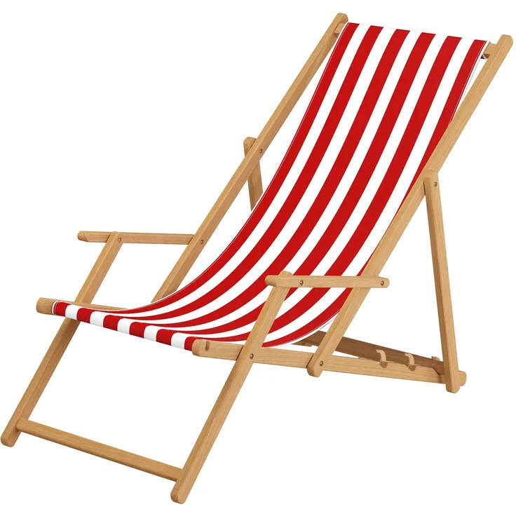 Liegestuhl rot-weiß Gartenliege Sonnenliege Strandstuhl Klappstuhl Deckchair Buche natur 10-314N