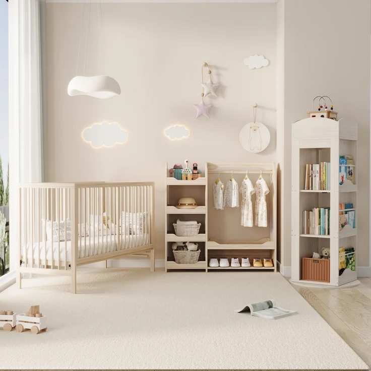 Kindergarderobe mit Sitzbank, Kleiderstange & vier offenen Regalen, aus Kiefer + E1-MDF, Natur, Kinderzimmer Aufbewahrungsschrank, Maße H110 × T39 × B110 cm – Bild 7