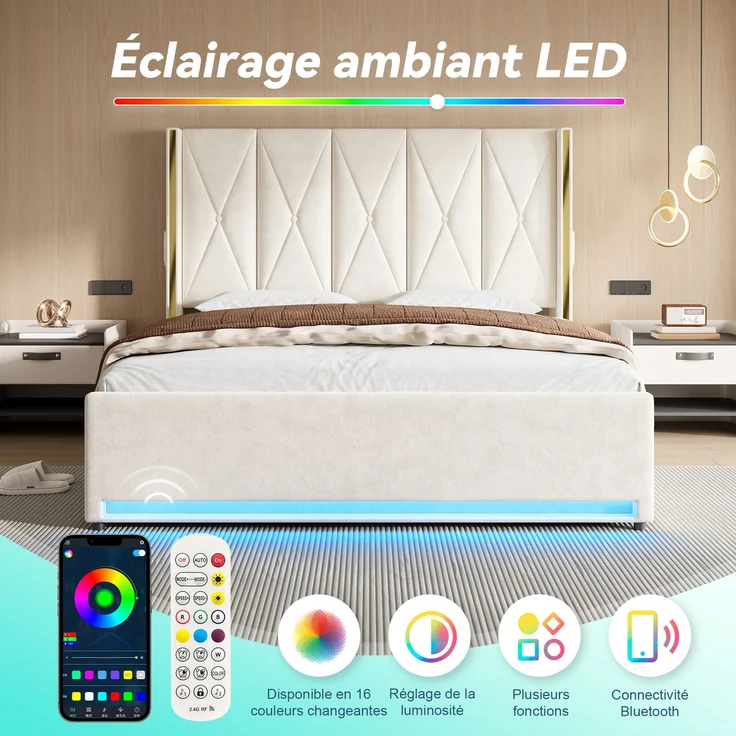 TavilaEcon Boxspringbett Veloursbett mit hohem Kopfteil, Seitentaschen & USB beige Liegefläche 180 × 200 cm – Bild 8