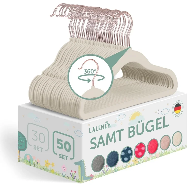 Laleni Kinderkleiderbügel - 50 sensibles protested Kleiderbügel mit Samt Rutschfest - 360° drehbare - Rosegold & Elfenbein – Bild 1
