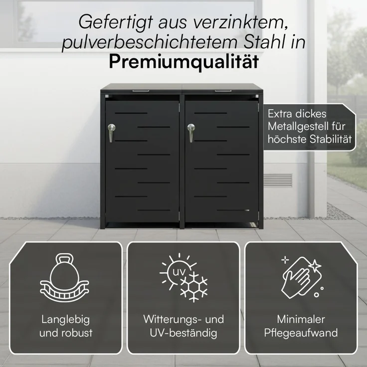 STEELSØN 'Diorus' Mülltonnenbox 2er je 240 Liter, graphitschwarz, Mülltonnenverkleidung aus Stahl mit Sichtstreifen, wetterfest, 116x80x134 cm, abschließbare Müllbox für 2 Tonnen – Bild 5