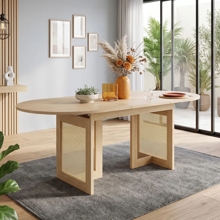 JARDJ Ausziehbarer Esstisch 150/200 * 90 cm, geeignet für 6–8 Personen,Esstisch mit abgerundeten Ecken, verdickte Tischplatte, ausziehbarer Esstisch im einfachen Stil, Tischbeine aus Rattan, Eichenfarbe – Bild 3