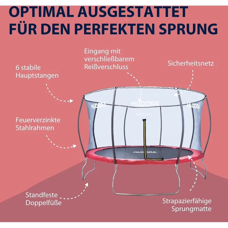 Hudora Fantastic Trampolin 400V', mit Sicherheitsnetz, für die ganze Familie, max. belastbar bis 100 kg, 400 cm Durchmesser, rot, ab 3 Jahren – Bild 18