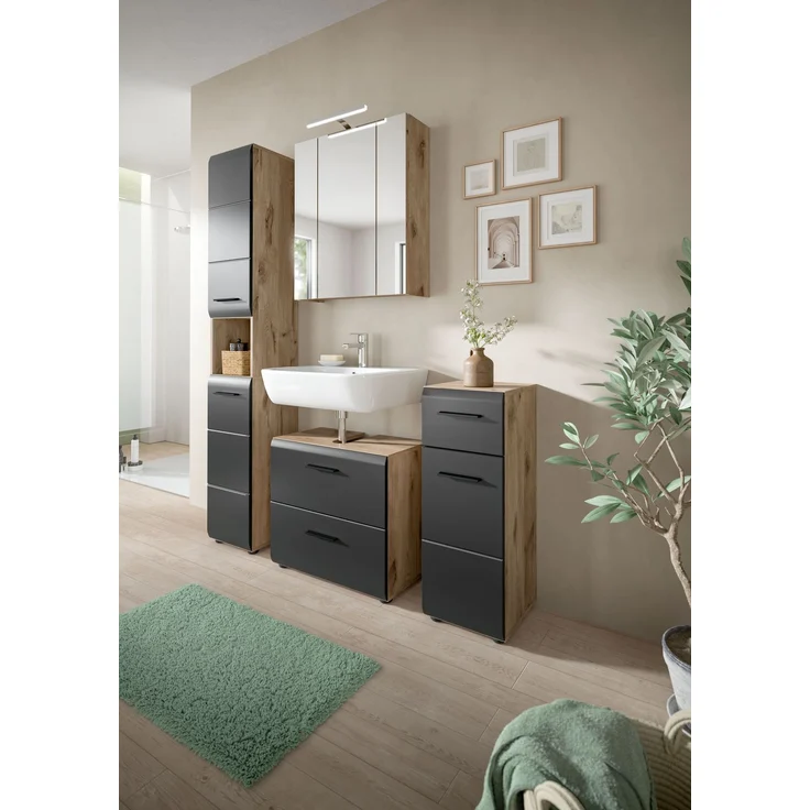Spiegelschrank inkl. Beleuchtung (B/H/T: 60x70x18 cm) in schwarz matt und Nox Oak Nachbildung – Bild 5