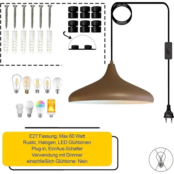 Bamyum Pendelleuchte Champion Pendelleuchte mit Stecker 35 cm, Metall mit 450 cm Kabel, ohne Leuchtmittel – Bild 3