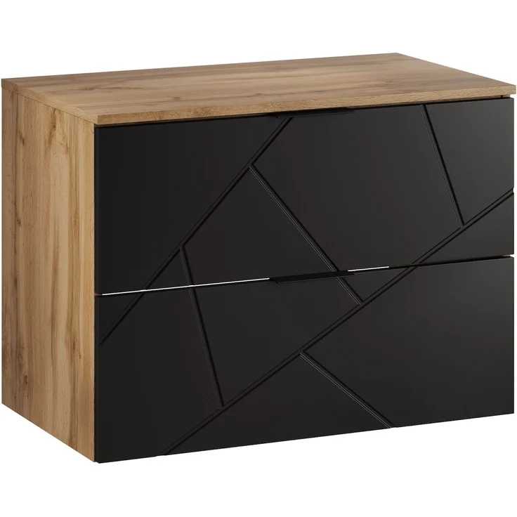 Badplaats Waschbeckenunterschrank Manello 80 x 46 x 58 cm – Eiche mit Matt Schwarz – Hängender Waschtischunterschrank mit 2 Schubladen – Bild 1