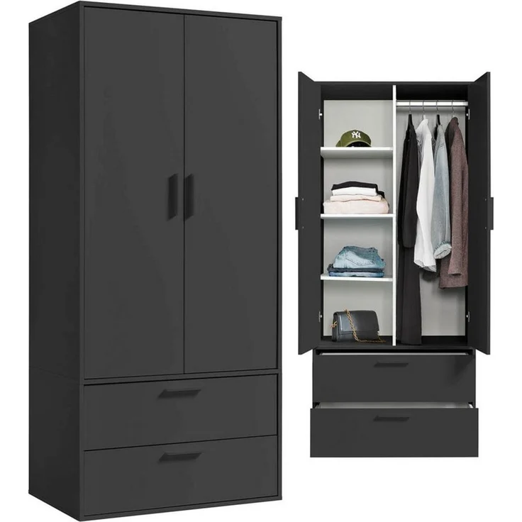mokebo Kleiderschrank Der Kleiderheld (80x180x51 cm, 2-türig, 2 Schubladen & 4 Fächer) Garderobenschrank, Schlafzimmerschrank oder Schrank in Schwarz – Bild 1
