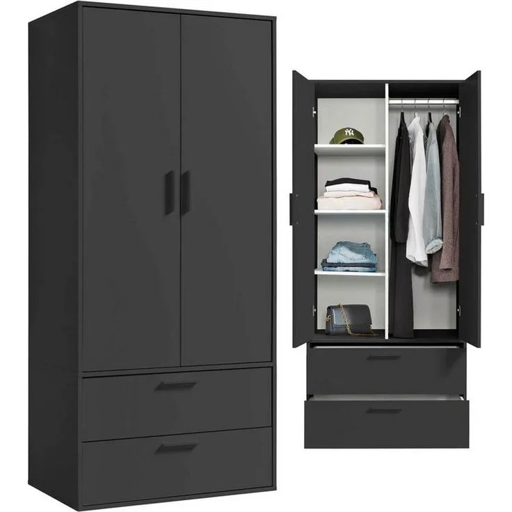 mokebo Kleiderschrank Der Kleiderheld (80x180x51 cm, 2-türig, 2 Schubladen & 4 Fächer) Garderobenschrank, Schlafzimmerschrank oder Schrank in Schwarz