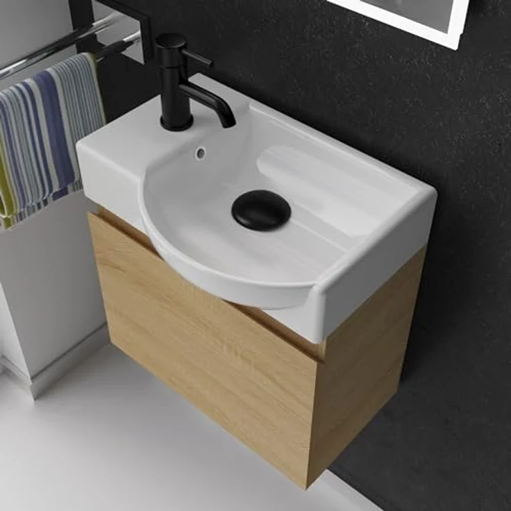 Alpenberger Badmöbel-Set - Gäste WC Waschbecken mit Unterschrank 45 cm Breit, (Badschrank 2-tlg, Waschtisch hängend), Waschbeckenunterschrank mit Softclose - Eiche Hell - Rechts Becken – Bild 4