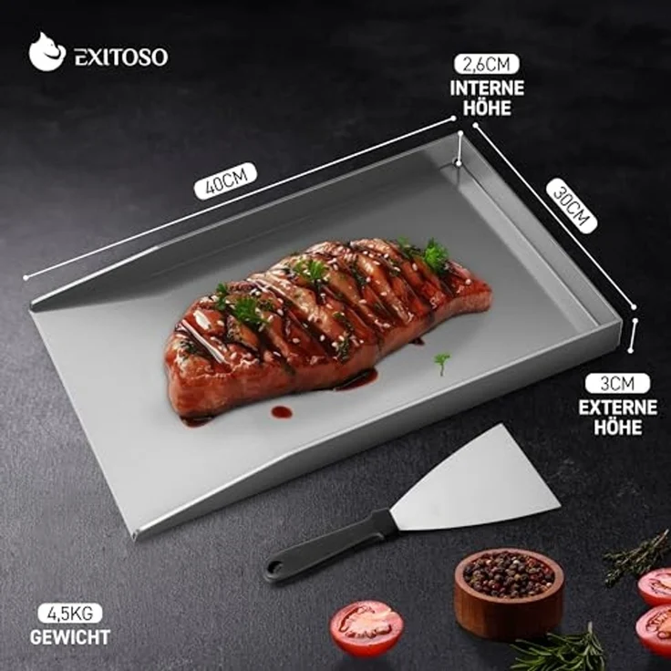 Exitoso Grillplatte 30x40 cm | Plancha Mit Grillspachtel | Gasgrill Aus Dickem & Rostfreiem Edelstahl | 4mm Dicke | Universalgröße – Bild 3