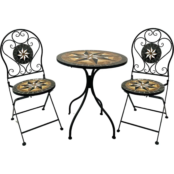 Wohnando Garten-Essgruppe Bistroset "Casper", Metalltisch, Metallmöbel, schwarz, Mosaik-Design, (3-tlg), bestehend aus 2 Stühlen und 1 Tisch, Braun Mix