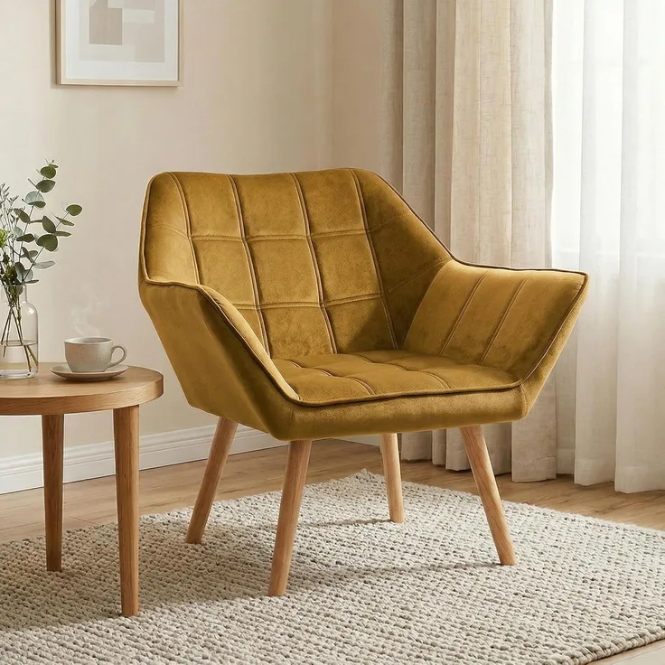 HOMCOM Relaxsessel Polstersessel mit Samtoptik, skandinavisch (Esszimmerstuhl, 1-St, Stuhl), für Wohnzimmer, Schlafzimmer, Gelb