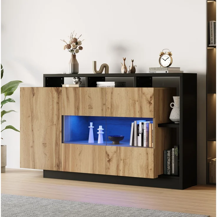 DESVIAE Sideboard mit LED-Beleuchtung 140x94x44 cm aus MDF und Acryl, Holzfarbe mit schwarzem Rahmen – Bild 2