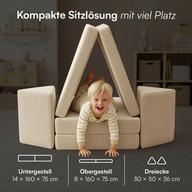 Bellabino 'Nile' Spielsofa, 4-tlg, Cord, beige, faltbare Kindercouch, abnehmbarer & waschbarer Bezug, Kindersofa aus Schaumstoff, Oeko-Tex zertifiziert – Bild 8