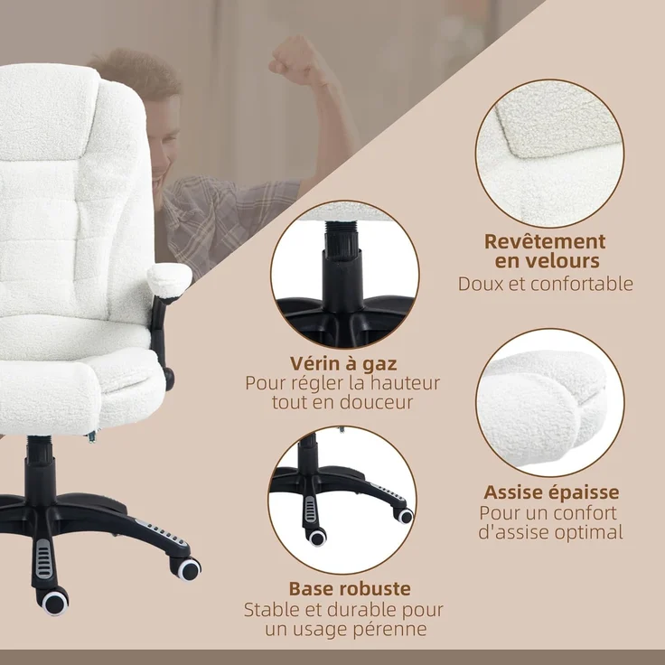 Vinsetto Bürostuhl, Massagesessel, beheizt, Bürostuhl, ergonomischer Stuhl mit Verstellbarer Höhe, neigbare Rückenlehne und Fernbedienung, kabelgebunden, 360° drehbar, Polyestergewebe, Weiß – Bild 9