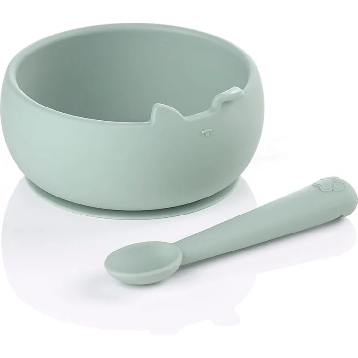 Jané Silikon Baby Schüssel mit Saugnapf und Löffel, BPA-frei, Mikrowellengeeignet, Baby Geschirr Set, Farbe Grün