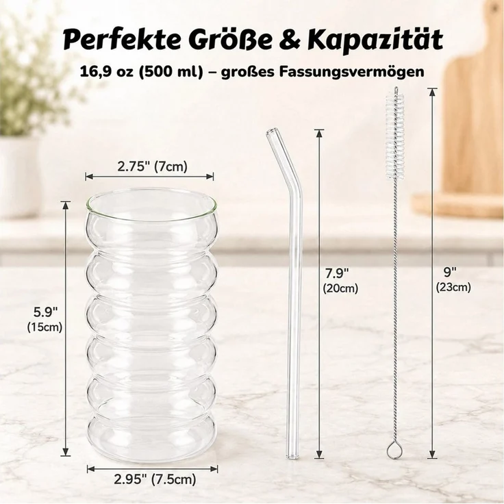 BlingBin Latte-Macchiato-Tasse Gerippte Trinkgläser Getränkegläser, Espressotassen Gläser Set, 4-tlg, Glas, Kaffeetassen Mit 4 Straws Für Cappuccino, Latte, Kaffee, Milch, 500ML – Bild 2