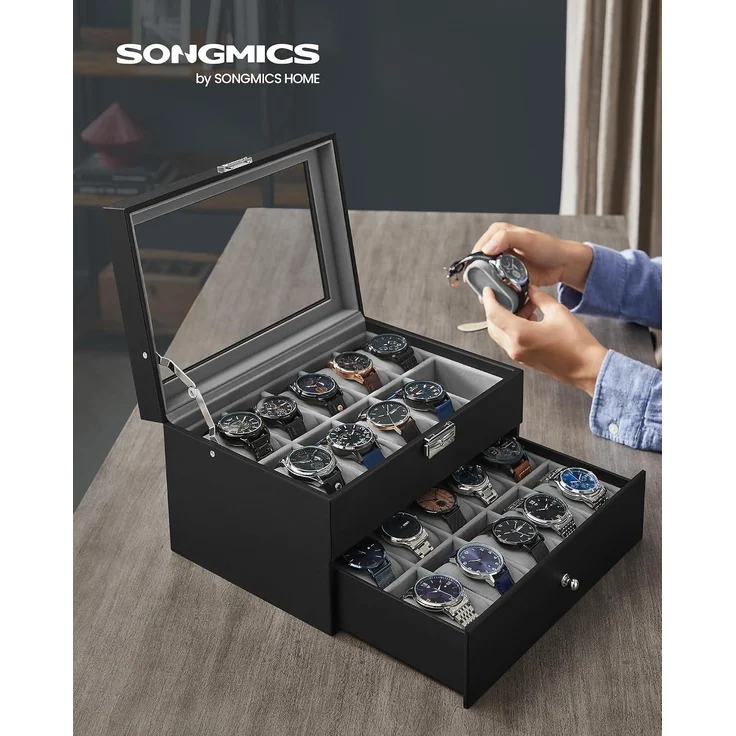 SONGMICS Uhrenbox, Uhrenkasten mit Glasdeckel, 2 Ebenen, Uhrenkoffer mit herausnehmbaren Uhrenkissen, Uhrenschatulle, Geschenkidee, PU-Bezug in Schwarz, Samtfutter in Grau JWB020 – Bild 2