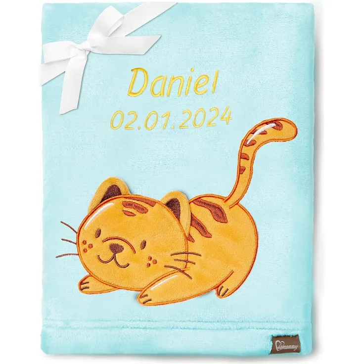 Be Mammy Personalisierte Babydecke mit 3D Applikation Warme Kuscheldecke mit Namen und Geburtsdatum; Perfektes Baby Geschenk; Blanket; Krabbeldecke BE20-280 (Puderblau - Katze)