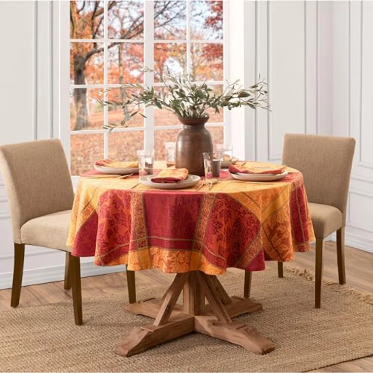 Elrene Home Fashions Tischdecke, Ahornholz-Blatt, Jacquard, Herbst, Ernte, Erntedankfest, Baumwolle, rund, 178 x 177,8 cm – Bild 2