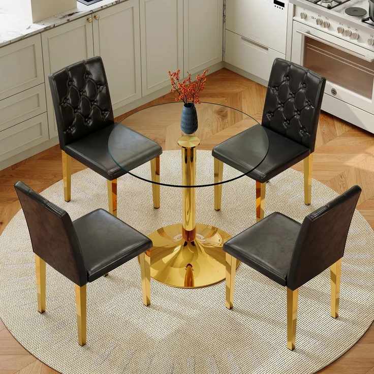 Esstischgruppe H 76 x T 85 x B 85 cm aus gehärtetem Glas und Metall in Schwarz-Gold mit 4 Stühlen – Bild 2