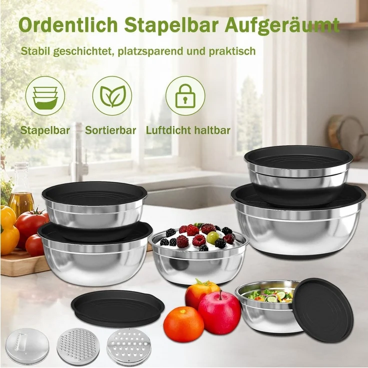 PFCTART Rührschüssel Rührschüssel Set Edelstahl mit Deckel, 6-teilig, Salatschüsseln, 4-Lagen-Latexkern, platzsparend, knickfrei auslaufsicher, (Set, 32-tlg), Mit 3 Reibeaufsätzen, luftdichten Deckeln & Küchenzubehör – Bild 4