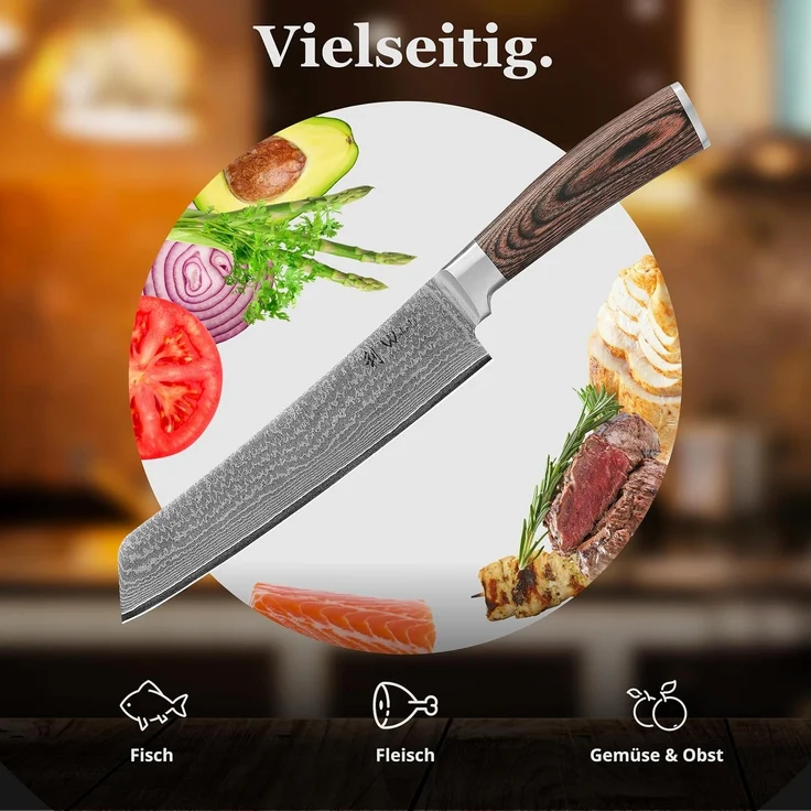 Wakoli Asiamesser Edib Tanto Damast Küchenmesser Kochmesser 20 cm Klinge Pakkaholzgriff, aus 67 Lagen Damaststahl, VG-10 Stahlkern – Bild 7