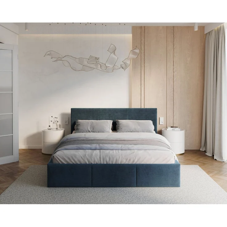 thematys Polsterbett mit Bettkasten & Lattenrost – Stauraumbett Cord 160x200cm, mit 23 cm Taschenfederkern-Matratze H2, Blau – Bild 1