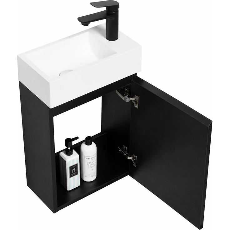 Badplaats Gäste-WC Waschtisch Set Angela 40 x 22 cm Schwarz Holz - Platzsparend Badmöbel Set mit Waschbecken und Unterschrank, Soft-Close – Bild 2