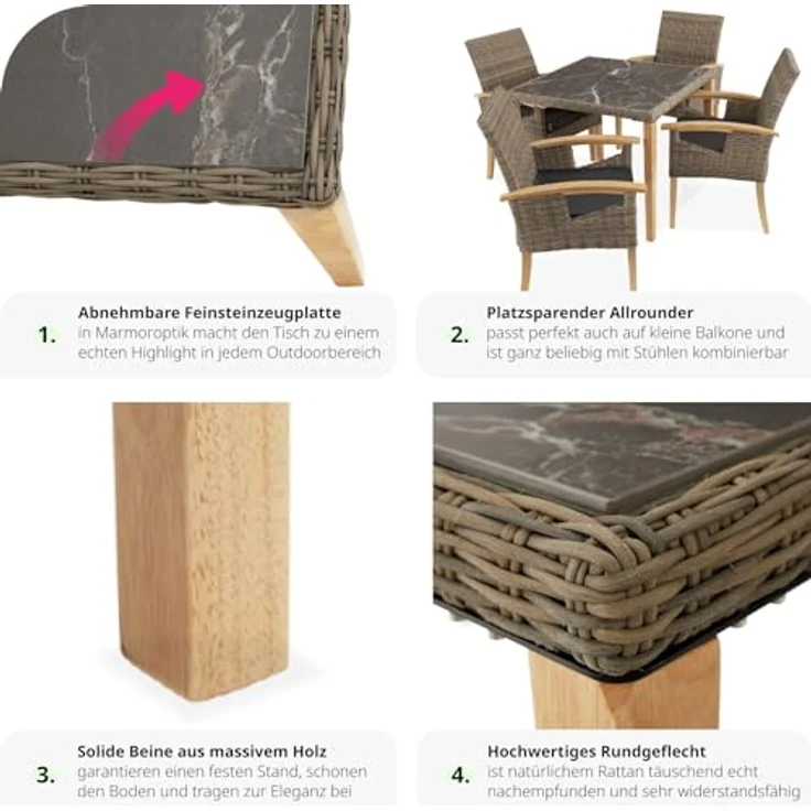 tectake Rattantisch Tarent, quadratisch, marmorierte Feinsteinzeugplatte, 93.5x75x93.5 cm, Aluminiumgestell, UV-beständiges Polyrattan – Bild 6