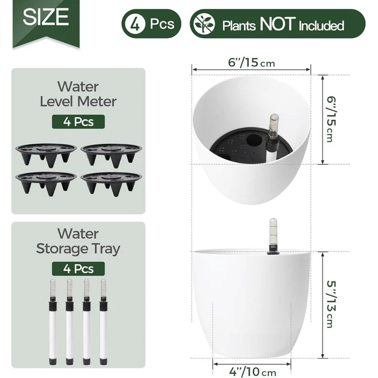 T4U 15cm Weiß Selbstwässernder Blumentopf Set 4er-Set mit Wasseranzeiger – Bild 3