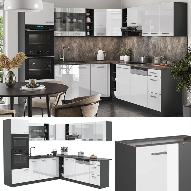 Eckküche R-Line Weiß Hochglanz/Anthrazit 247 x 237 cm ohne Arbeitsplatte Vicco – Bild 2