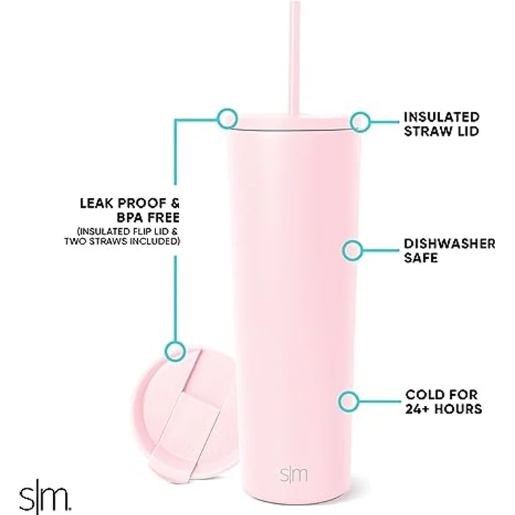 Simple Modern Thermobecher mit Strohhalm und Deckel | Trinkbecher mit Henkel Wiederverwendbare Edelstahl | Geschenke für Frauen und Männer | Classic | 830ml | Blush – Bild 3