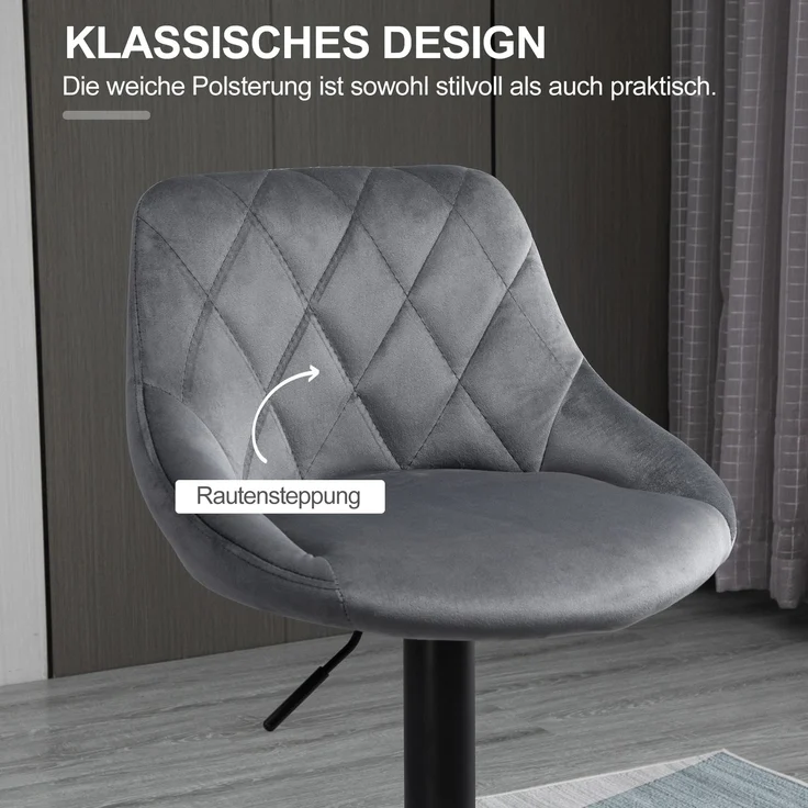 2er-Set Barhocker, höhenverstellbare Barstuhl mit Lehne, Samtoptik, Metallgestell, Fußstütze, drehbare, Dunkelgrau--Dunkelgrau--104x46x48cm--YOUDENOVA – Bild 8