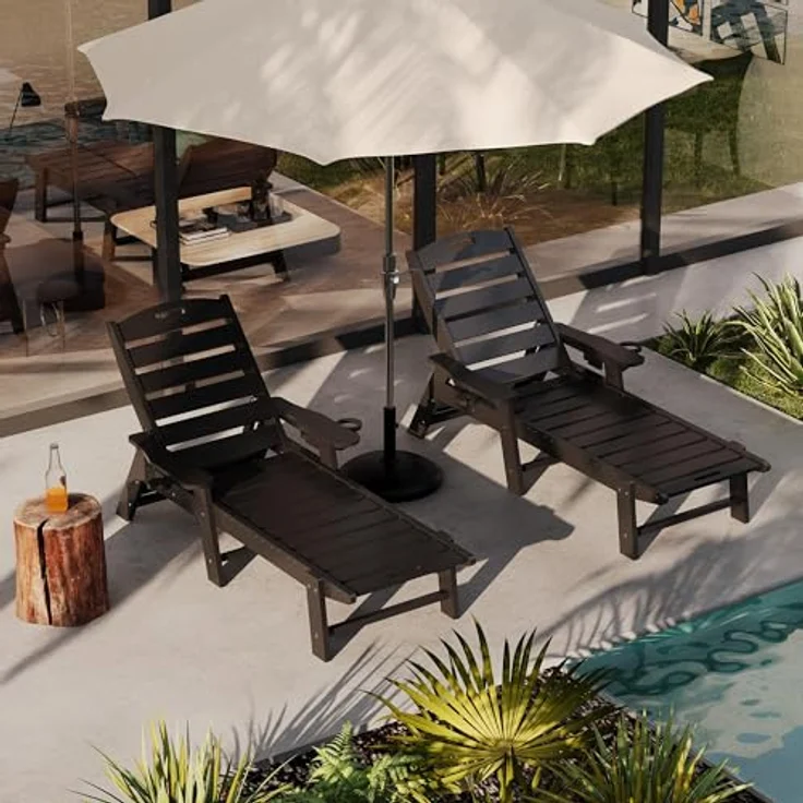 GarveeHome Wetterfeste Gartenliege Aus HDPE, Sonnenliege Mit Verstellbarer Rückenlehne Und Getränkehalter, Lange Poolliege, Für Pool, Strand Und Garten, 150x60x98cm (1 Stück) – Bild 7