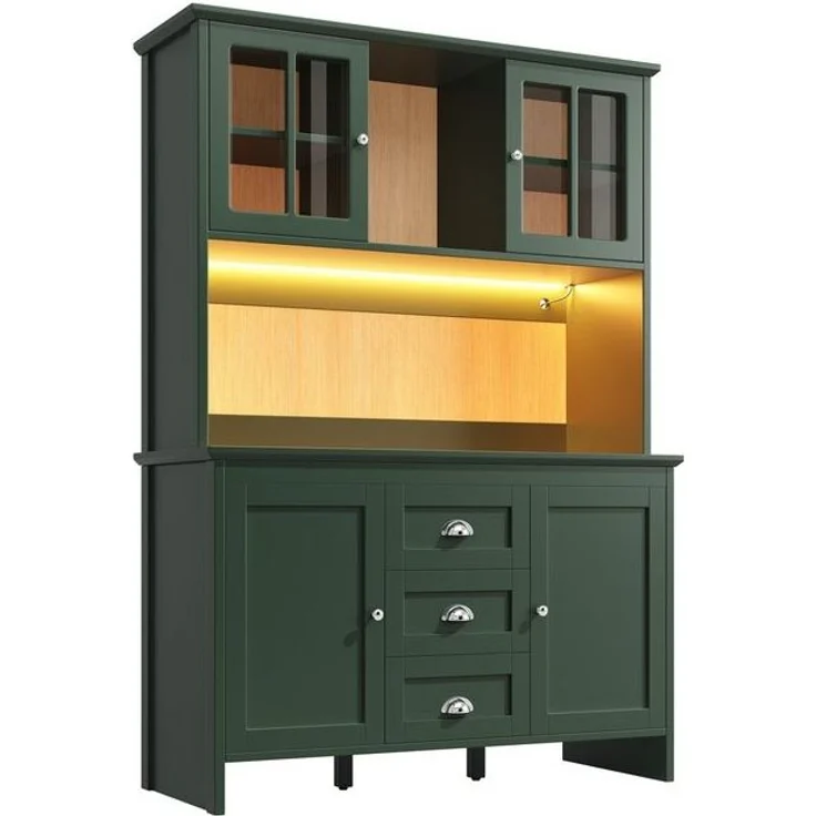 Flieks Küchenbuffet mit LED-Beleuchtung, Schubladen und Glastüren in Retro-Stil (1-St, B120/T40/H179 cm) Hochschrank Küchenschrank Geschirrschrank mit verstellbare Ablagen – Bild 4