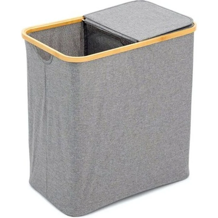 HAC24 Wäschesortierer Faltbarer Wäschekorb Wäschebox Wäschesammler für Bad & Schlafzimmer (1 St), 90L – 2-Fächer mit Deckel 53,5 x 33 x 56 cm aus Bambus & Polyester – Bild 3