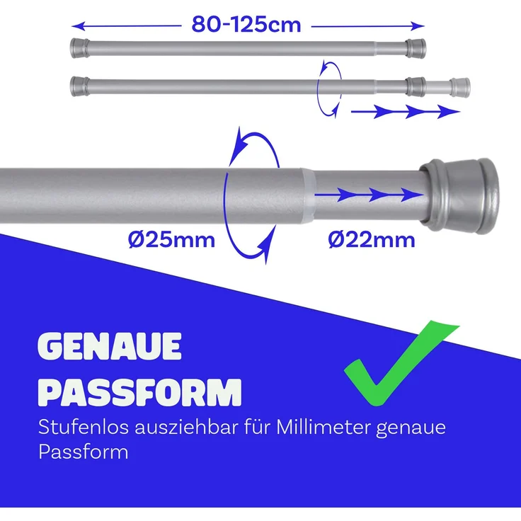 Verstellbare Vorhangstange - Spannstange zum Klemmen Silber Ø22/25 mm 80-125 cm – Bild 2