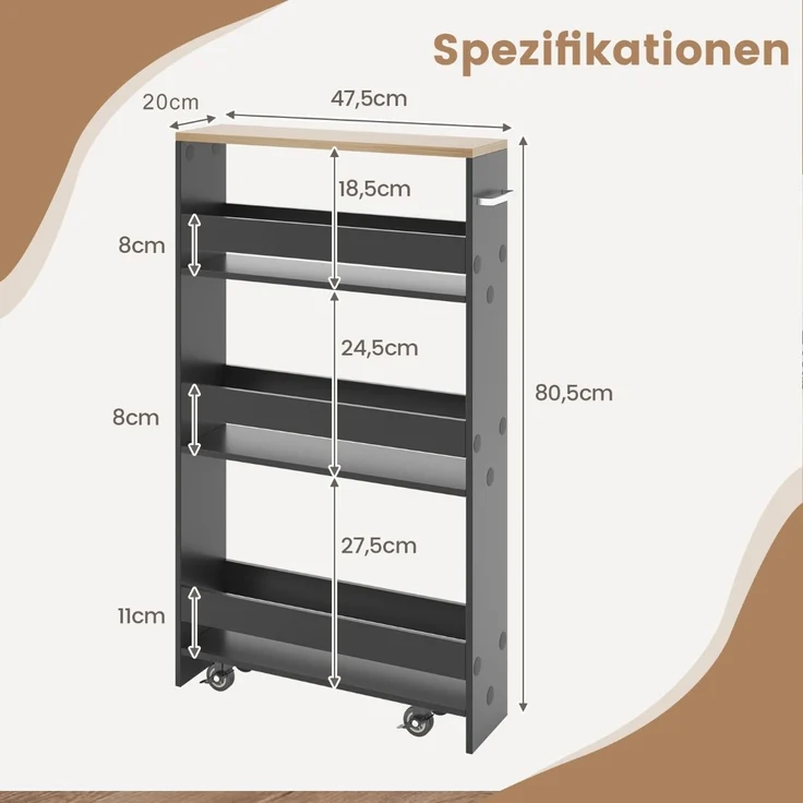 4 Ebenen Nischenregal auf Rollen aus Holz mit Griff Küchenwagen 47,5 x 20 x 80,5 cm Grau + Natur – Bild 3
