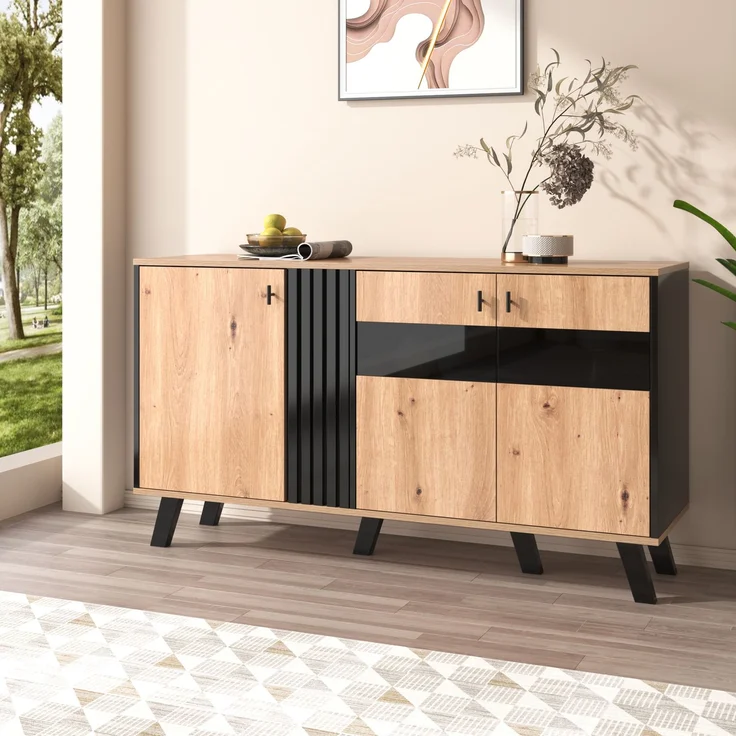 Merax 140 x 78 x 41 cm großes Sideboard mit Stauraum, Schrank mit LED-Licht und Glas, Holz und Schwarz – Bild 5